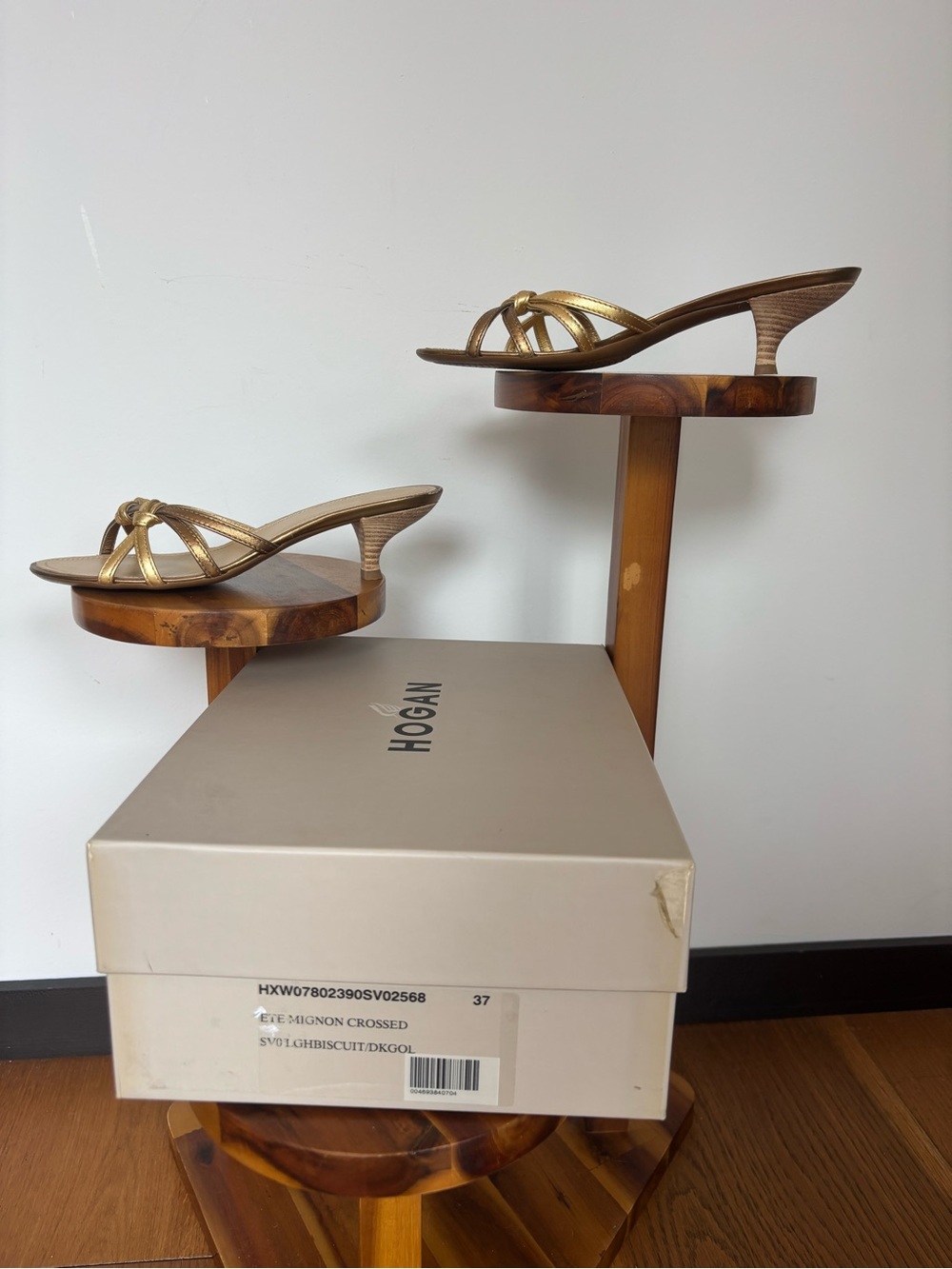 Hogan Mignon Crossed Metallic Gold Leather Kitten Heel Sandals 37